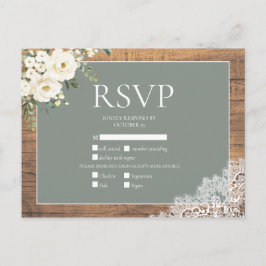 Cartão Postal De Convite Sage Green White Floral Lace Wood Weding RSVP