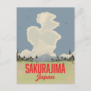 Cartão Postal De Convite Sakurajima Japão retro poster de viagens.