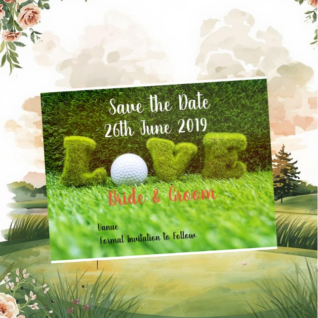 Cartão Postal De Convite Salve golfe data para casamento com bola de golfe (Criador carregado)