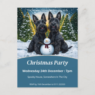 Cartão Postal De Convite Scottish Terriers and Snowman Christmas Party