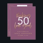 Cartão Postal De Convite script simples na moda elegante de aniversário de<br><div class="desc">Simples na moda de 50 anos de aniversário com um roteiro elegante de ouro e um convite de 50 anos geométrico. Padrão geométrico moderno do dorso. Parte de uma coleção.</div>