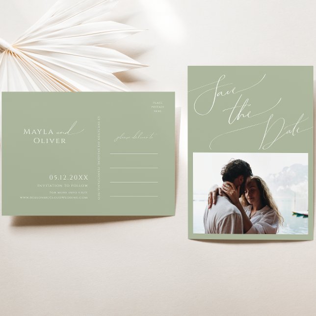 Cartão Postal De Convite Script Whimsical | Sage Green Photo Save The Date  (Criador carregado)
