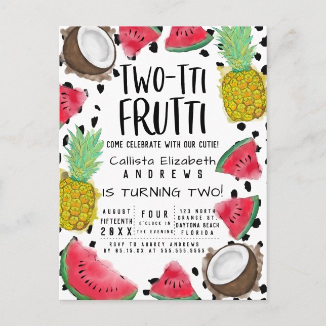 Cartão Postal De Convite Segundo aniversário de Aquarela com Fruta de Frutt (Frente)