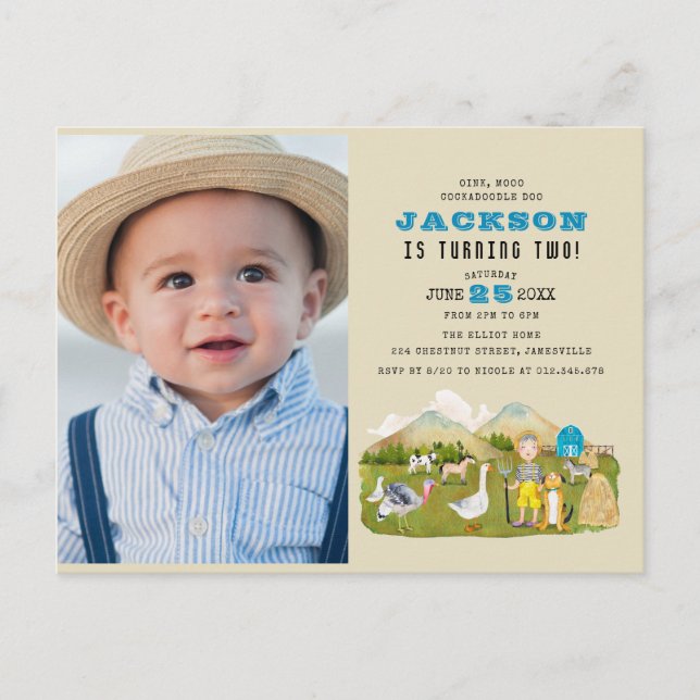 Cartão Postal De Convite Segundo aniversário de Fotografias de Fazendas de  (Frente)