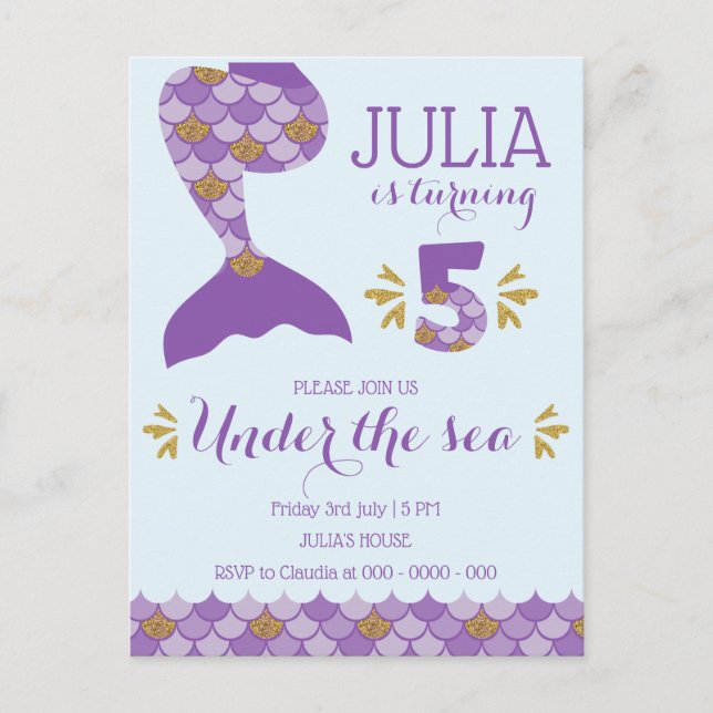 Cartão Postal De Convite Sereia Aniversário Sereia Número 5 (Frente)