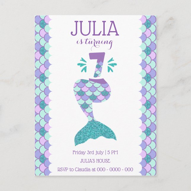 Cartão Postal De Convite Sereia Aniversário Sereia Número 7 (Frente)