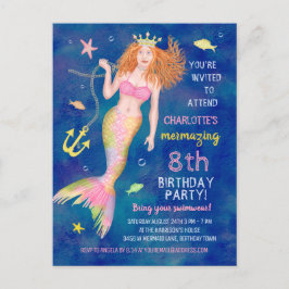 Cartão Postal De Convite Sereia Aniversário Sob o Partido da Piscina das Ru
