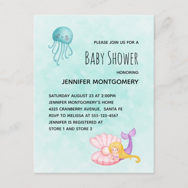 Cartão Postal De Convite Sereia Coca Sob Aquarela Marinha (Frente)