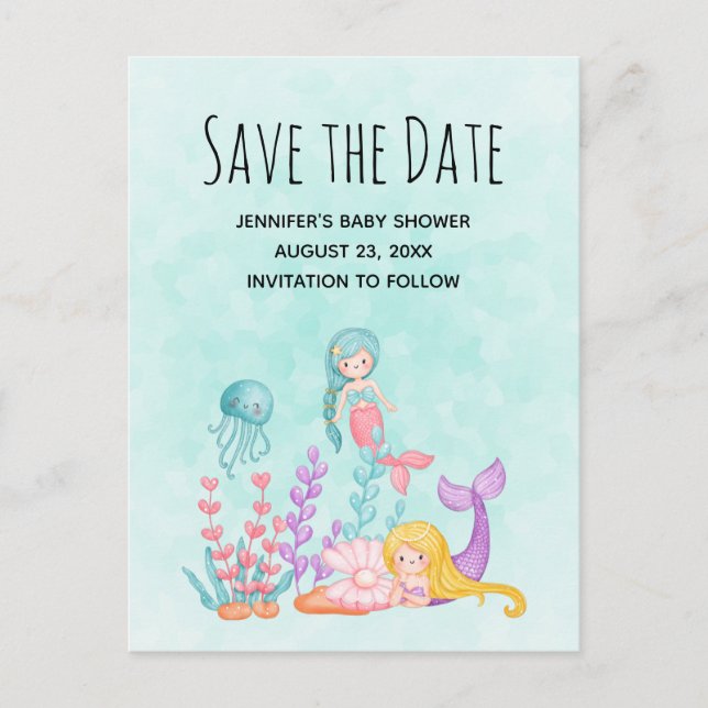 Cartão Postal De Convite Sereia sob a aquarela do mar Salvar a data (Frente)