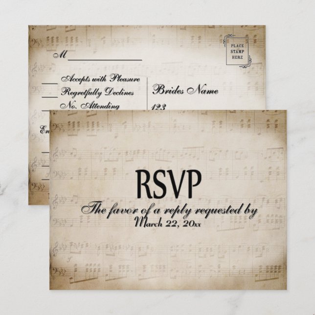 Cartão Postal De Convite Sheet Music RSVP Dinner Choices Postcard (Frente/Verso)