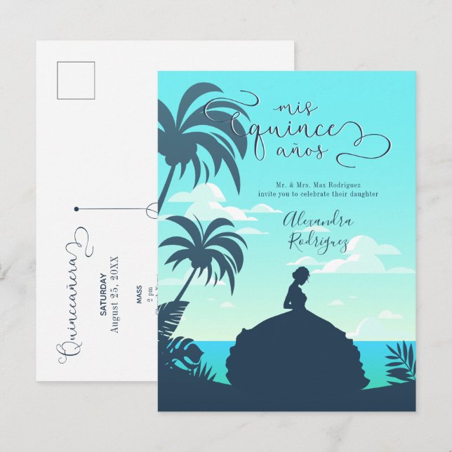 Cartão Postal De Convite Silhueta Tropical Quinceanera (Frente/Verso)