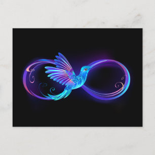 Cartão Postal De Convite Símbolo de Infinito Neon com Beija-flor Brilhante