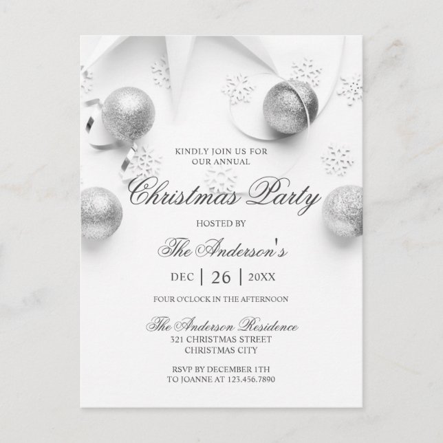 Cartão Postal De Convite Simples Elagant White e Silver Christmas Party (Frente)