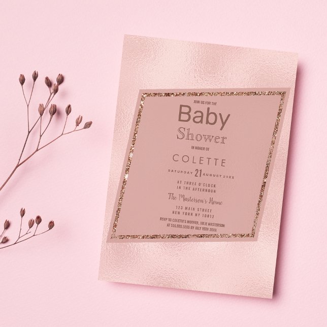 Cartão Postal De Convite Simples Elegante Rosa Rosa Dourada Chá de fraldas  (Simple Elegant Pink Rose Gold Glitter Baby Shower)