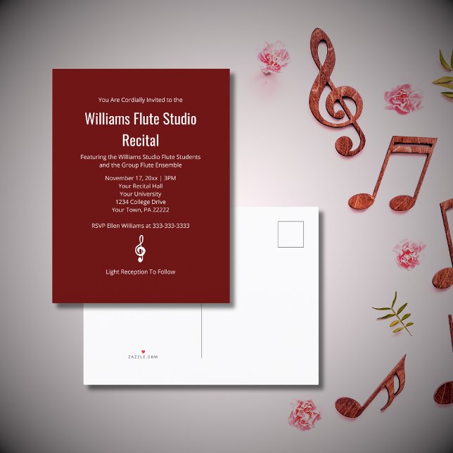 Cartão Postal De Convite Simples Red Treble Clef Music Studio Considerando (Criador carregado)