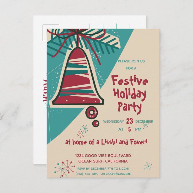 Cartão Postal De Convite Sino de Natal moderno de meados do século (Frente/Verso)