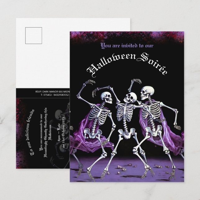 Cartão Postal De Convite Skeletons Dançantes Roxos do Orçamento Halloween A (Frente/Verso)