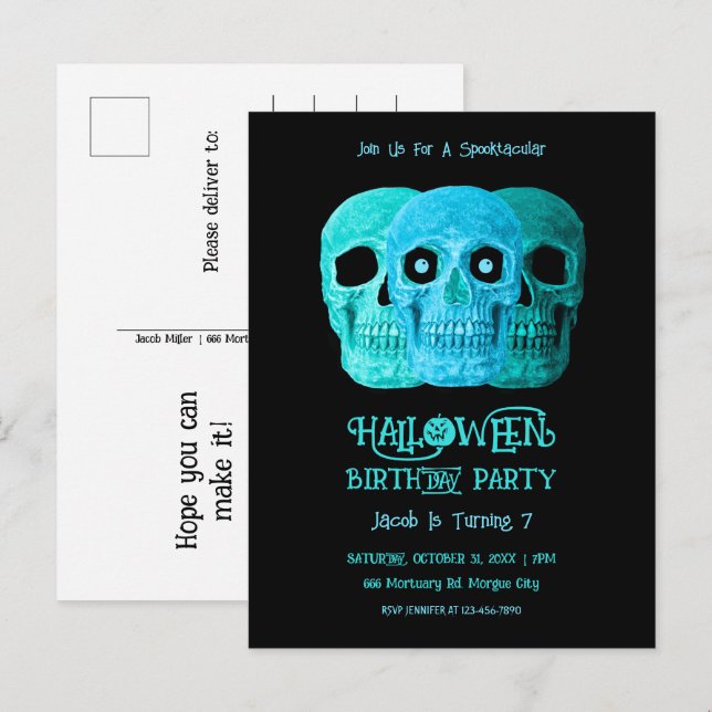 Cartão Postal De Convite Skull Engraçado Gótico Azul Teal Halloween Anivers (Frente/Verso)