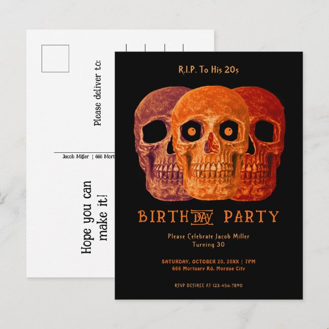 Cartão Postal De Convite Skull Funny Orange Gothic Birthday RIP para seus 2 (Frente/Verso)
