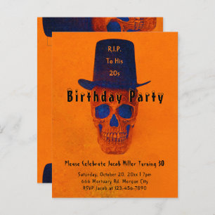 Cartão Postal De Convite Skull Top Hat Vintage Orange Blue RIP para seus 20