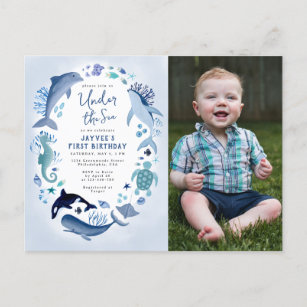 Cartão Postal De Convite Sob o Mar Blue Boy Foto de qualquer aniversário