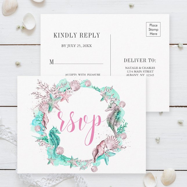 Cartão Postal De Convite Sob o Mar Ciano Rosa Branco RSVP (Criador carregado)