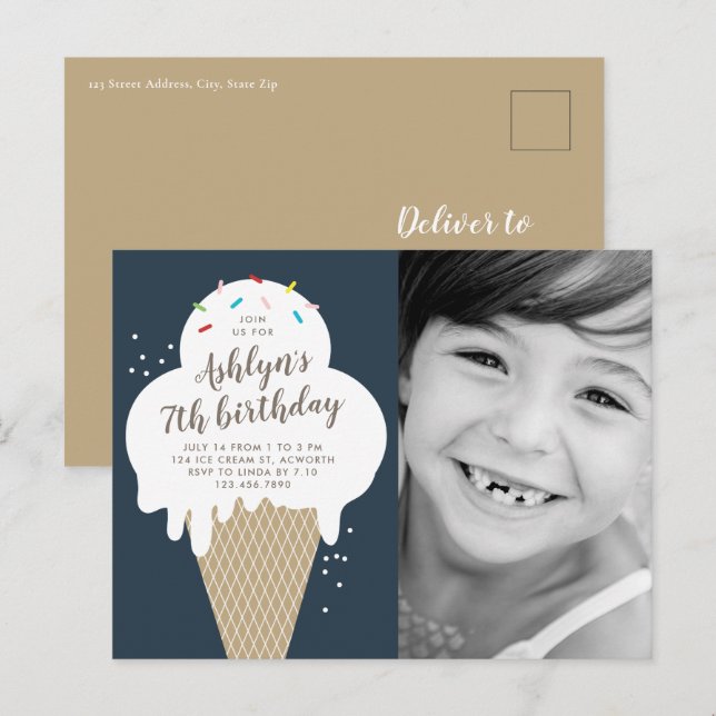 Cartão Postal De Convite Sorvete Cone Photo Aniversário de criança Party (Frente/Verso)