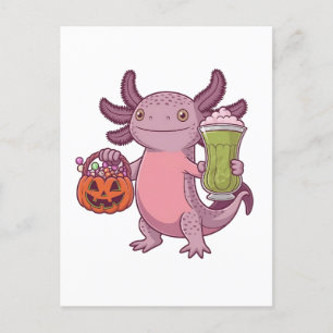 Cartão Postal De Convite Spooky Axolotl Segurando Matcha e Tratando Hallowe