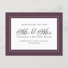 Cartão Postal De Convite Sr. e Sra. Recem casados Elopement Purple Elegant