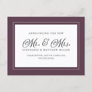Cartão Postal De Convite Sr. e Sra. Recem casados Elopement Purple Elegant