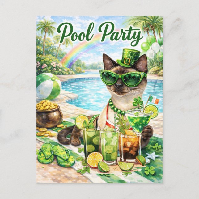 Cartão Postal De Convite St. Patrick’s Day Glam Cat Pool Party  (Frente)