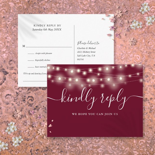 Cartão Postal De Convite String Lights Burgundy Song Request RSVP (String Lights Burgundy Song Request RSVP Invitation Postcard)