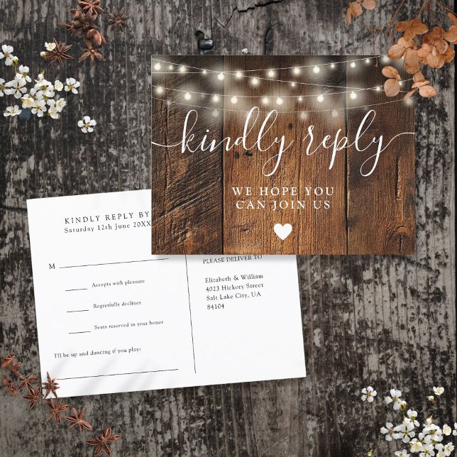 Cartão Postal De Convite String Lights Wood Song Request RSVP Postcard (String Lights Wood Song Request RSVP Postcard)