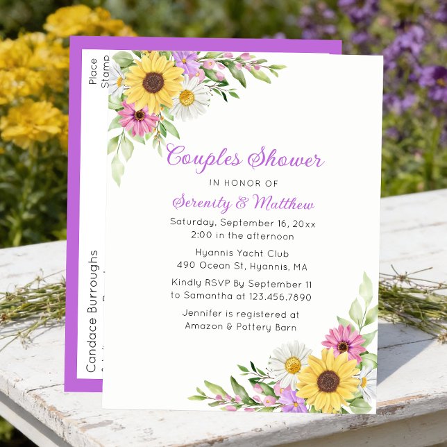 Cartão Postal De Convite Sunflower Daisy Floral Wildflower Couples Shower (Criador carregado)
