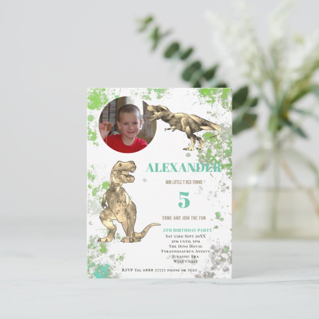 Cartão Postal De Convite T rex 5 Festa de aniversário Tyrannosaurus Foto (Em pé/Frente)