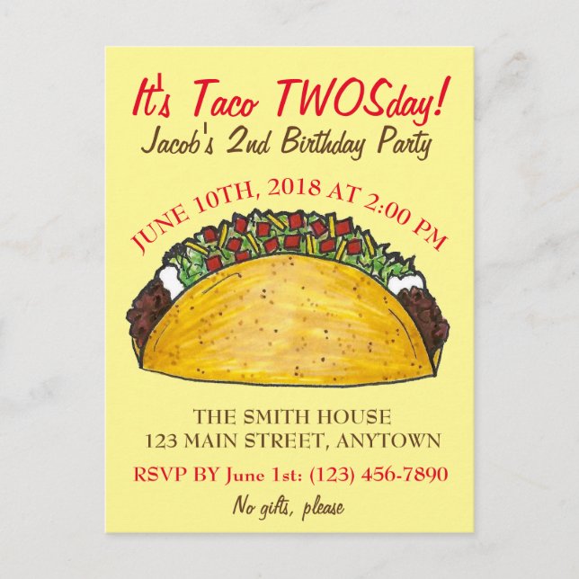 Cartão Postal De Convite Taco TWOSday Terça-feira Festa do segundo aniversá (Frente)