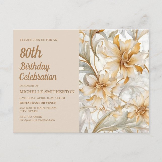 Cartão Postal De Convite Tan Champagne Floral 80 de Aniversário para Mulher (Frente)