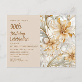 Cartão Postal De Convite Tan Champagne Floral 90 de Aniversário para Mulher