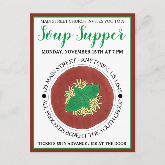 Cartão Postal De Convite Tapete de cookoff de sopa quente de tomate Basil (Frente)