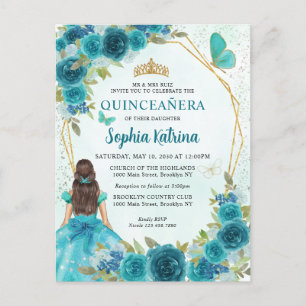 Cartão Postal De Convite Teal Green Glam Dourada Princesa Floral Quinceañer