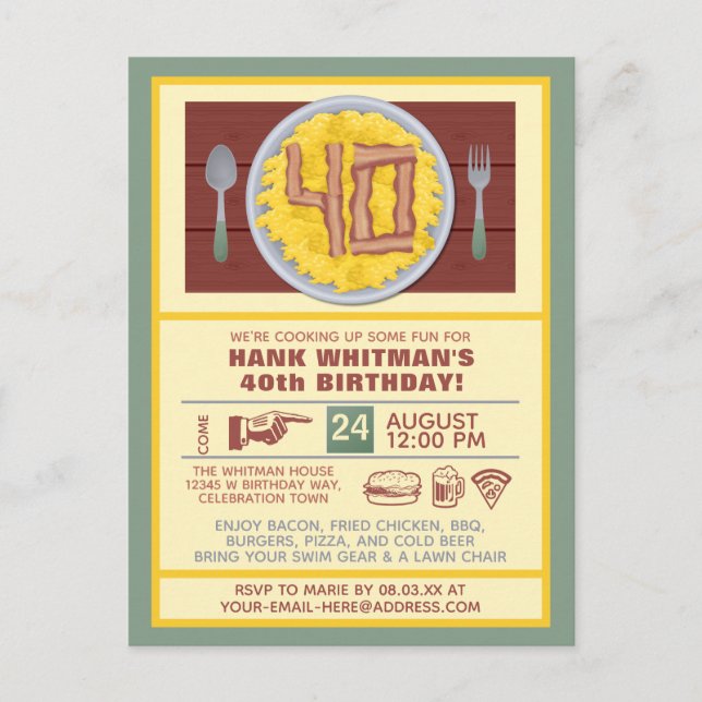 Cartão Postal De Convite Tema de Bacon Engraçado do aniversário de 40 anos (Frente)