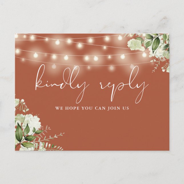 Cartão Postal De Convite Terracotta Floral String Lights Request RSVP (Frente)