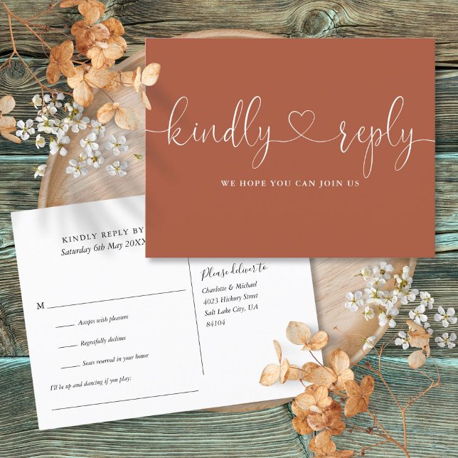 Cartão Postal De Convite Terracotta Heart Script Song Request RSVP (Terracotta Heart Script Song Request RSVP Invitation Postcard)