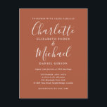 Cartão Postal De Convite Terracotta Signature Script Wedding<br><div class="desc">Apresentando nomes de estilo de assinatura,  este cartão postal de convite de casamento do terracotta elegante pode ser personalizado com suas informações em caracteres quicos. Projetado por Thisnotme©</div>
