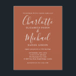 Cartão Postal De Convite Terracotta Signature Script Wedding<br><div class="desc">Apresentando nomes de estilo de assinatura,  este cartão postal de convite de casamento do terracotta elegante pode ser personalizado com suas informações em caracteres quicos. Projetado por Thisnotme©</div>