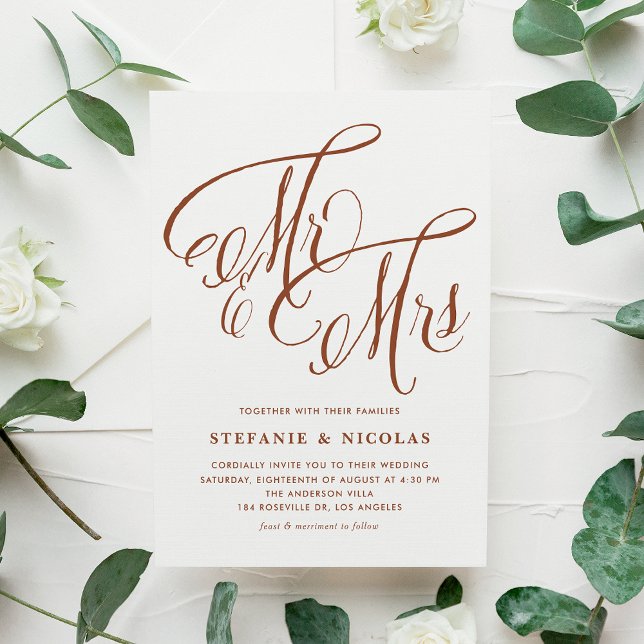 Cartão Postal De Convite Terracotta Sr. e Sra. Rustic Calliografia Casament (Terracotta Mr and Mrs Rustic Calligraphy Wedding Invitation Postcard)