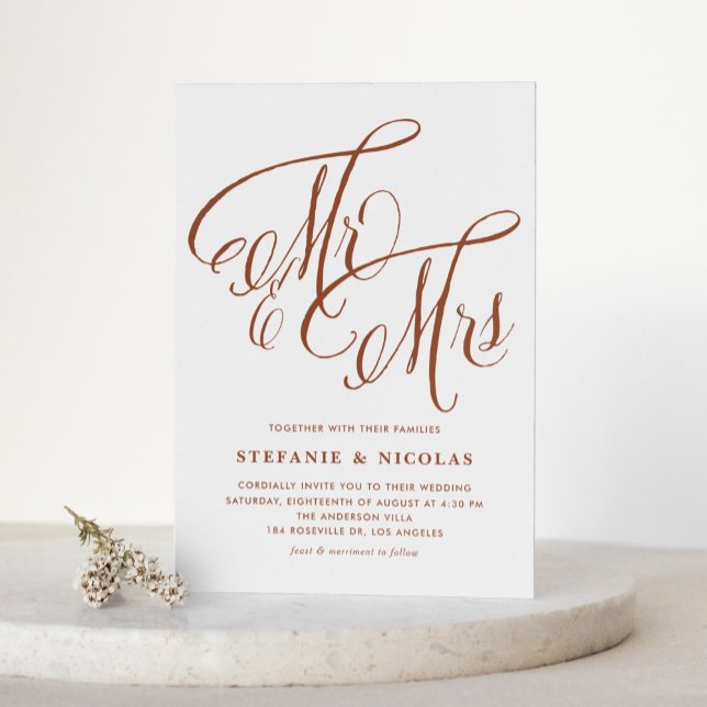 Cartão Postal De Convite Terracotta Sr. & Sra. Rustic Script QR Code Weddin (Terracotta Mr & Mrs Rustic Script QR Code Wedding Invitation Postcard)