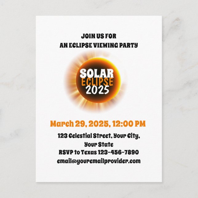 Cartão Postal De Convite Testemunhando o Total Solar Eclipse 3/29/2025 EUA (Frente)