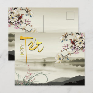 Cartão Postal De Convite Tet Hoa Anh Dao Vietnamita Ano Novo P