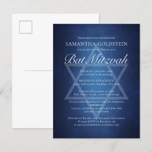 Cartão Postal De Convite Tipografia Azul Branca Moderna Bar Mitzvah Formal